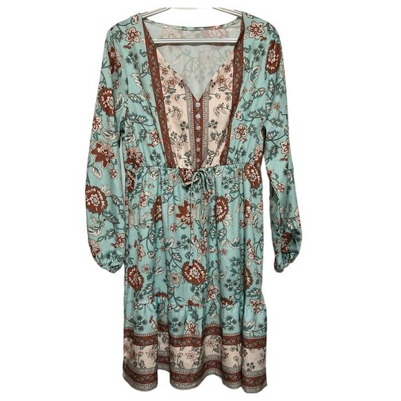 Unknown Brand Women's Light Teal Brown Long Sleeve V-Neck Boho Dress Size L - Picture 1 of 4